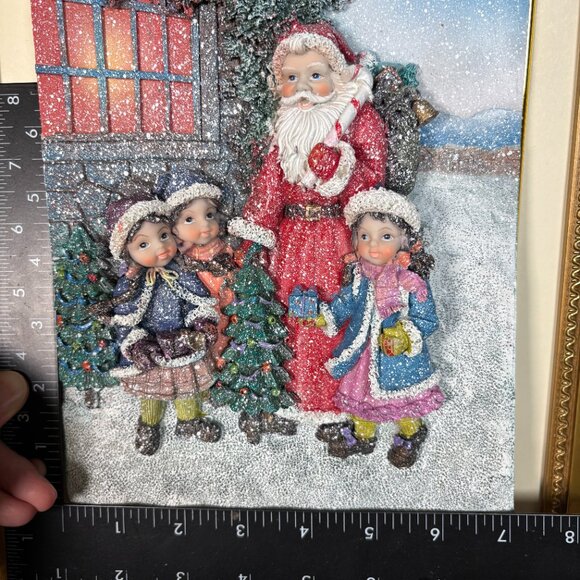 Vintage 3D Santa with Children Framed Christmas Decor Textured Relief Wall Art - Picture 9 of 12